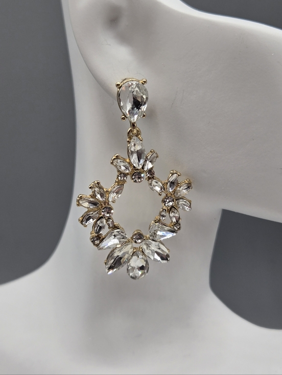 Swarovski Crystal Elements Gold Drop Hoop Earrings 2 inch Floral Wedding Prom - Picture 2 of 6